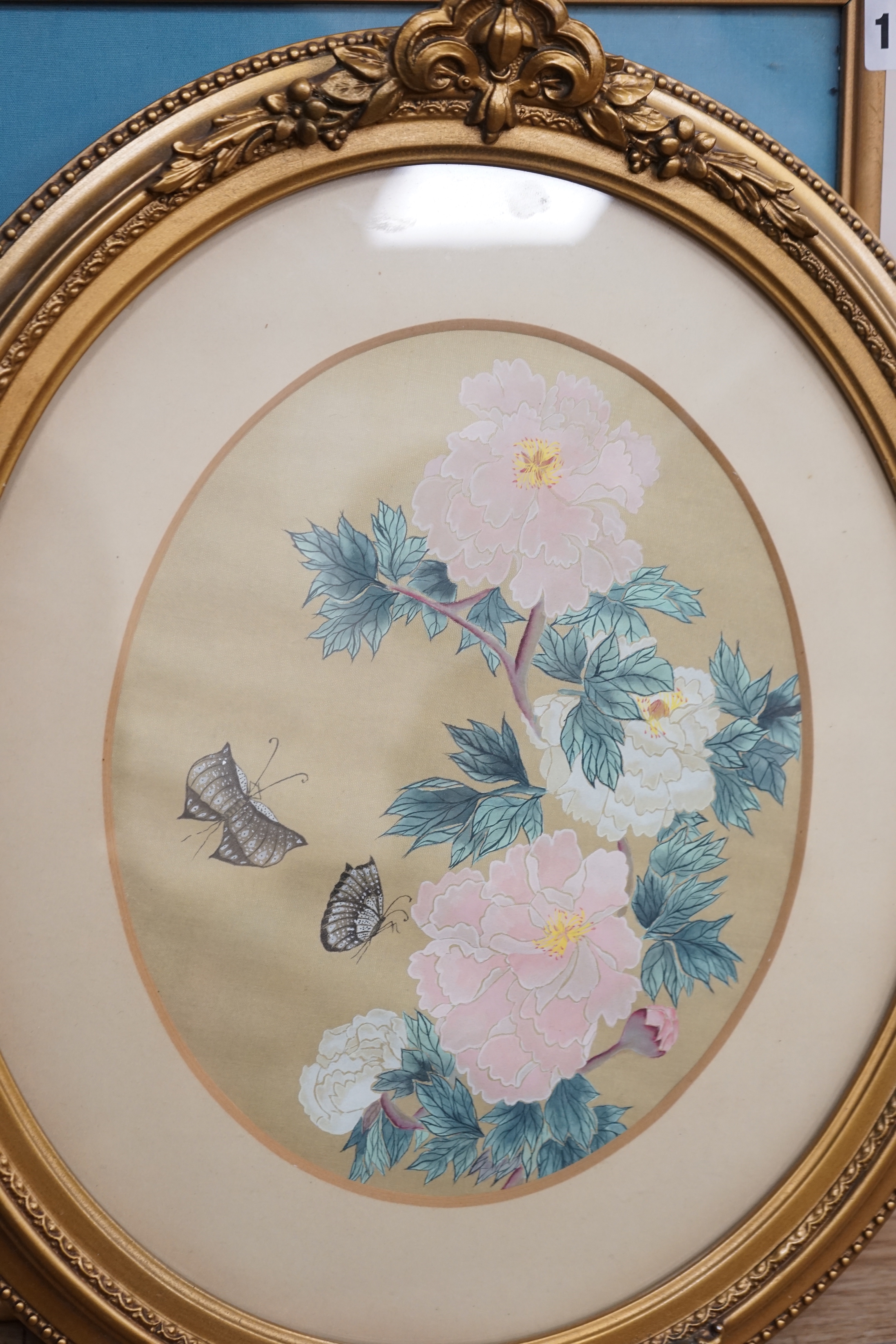 Chinese School, pair of watercolours on silk, Flowers and butterflies, 25 x 19cm